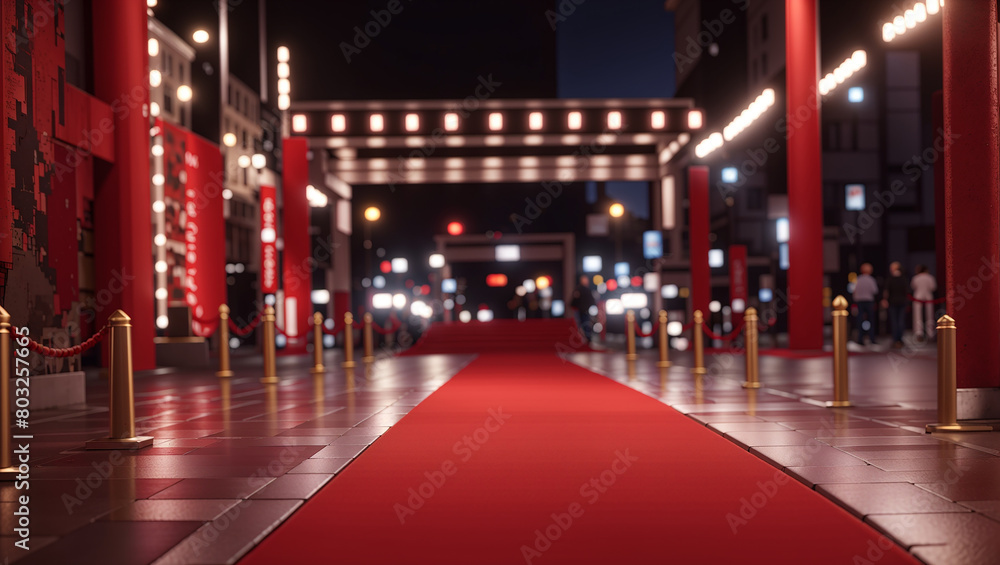 A red carpet lit by candles on both sides with people walking 