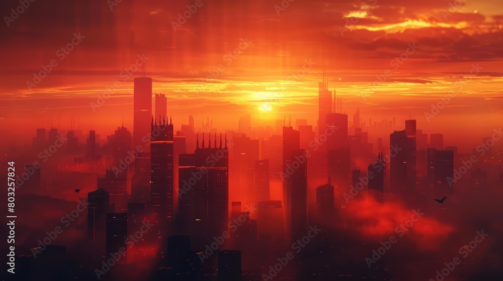 The scene is a vast cityscape bathed in the intense hues of a setting sun