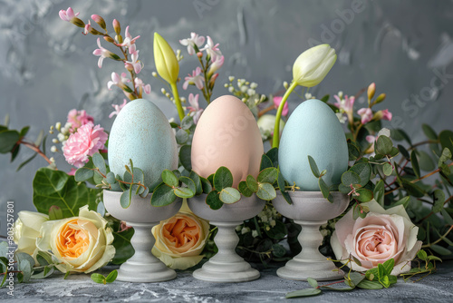 Easter Eggs in a Decorative Stand Adorned with Flowers and Greenery on a Gray Background. Festive Easter Concept for Dinner Table Decoration