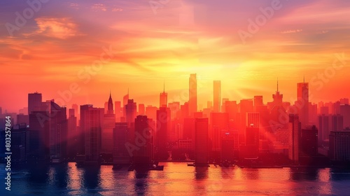 New York City bathed in the warm glow of the setting sun. The sky is ablaze with color, and the city's iconic skyline is silhouetted against the vibrant backdrop.