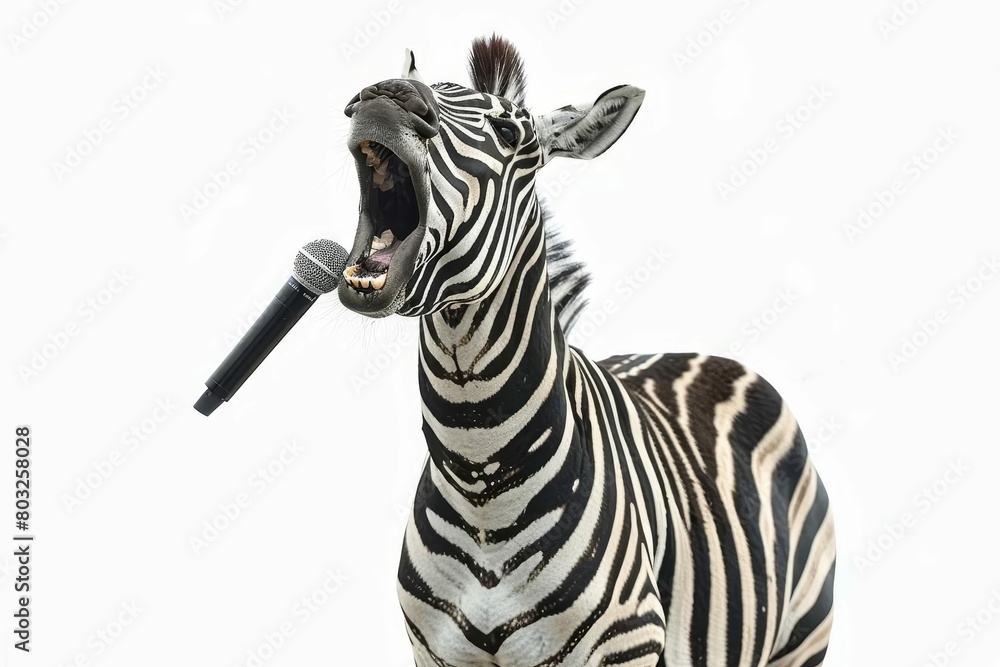 Fototapeta premium zebra singing into microphone isolated on white background humorous animal concept