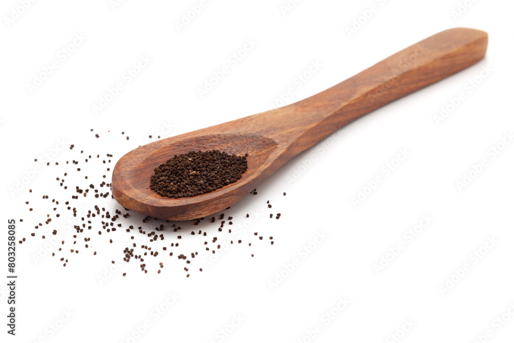 Front view of a wooden spoon filled with Organic snapdragon (Antirrhinum majus) seeds. Isolated on a white background. Front view of a wooden spoon filled with Organic snapdragon (Antirrhinum majus) seeds. Isolated on a white background.