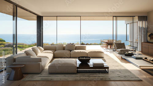 Inviting living room with a chic couch  expansive views of the ocean through sleek windows  modern simplicity