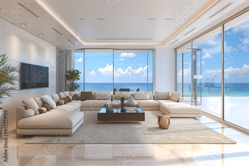Luxurious modern living room, empty and spacious with fulllength windows facing the sea, tranquil ambiance photo