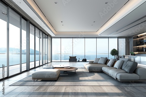 Luxurious modern living room, empty and spacious with fulllength windows facing the sea, tranquil ambiance photo