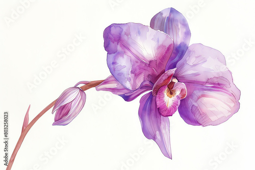 Minimalist purple watercolor botanical illustration of a single orchid, elegant and refined with a soft gradient