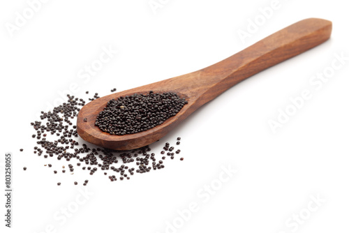 Front view of a wooden spoon filled with Organic Red Amaranthus or Laal Saag (Amaranthus cruentus) seeds. Isolated on a white background. photo