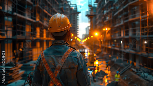 Construction worker wearing hard hat and safety vest looking at building under construction