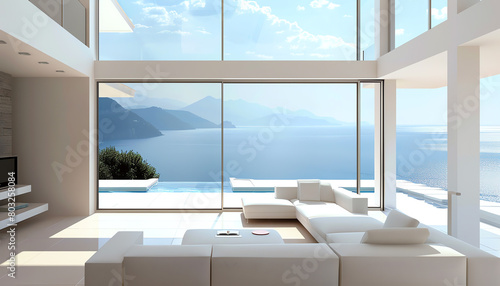 Modern living room with sleek sofa facing large windows, offering a breathtaking sea view, minimalist design