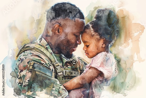 A soldier holding a child in his arms. Suitable for military and family themes