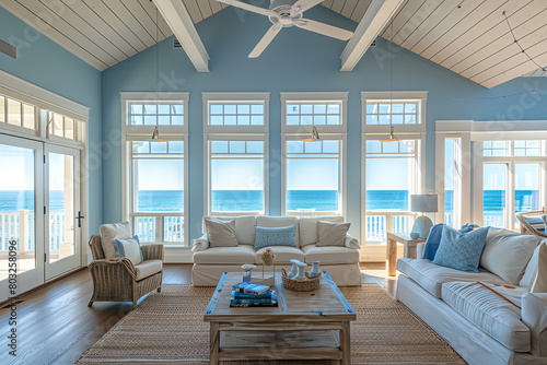 Nauticalthemed living room with light wood floors and seablue walls, large windows embracing ocean views photo