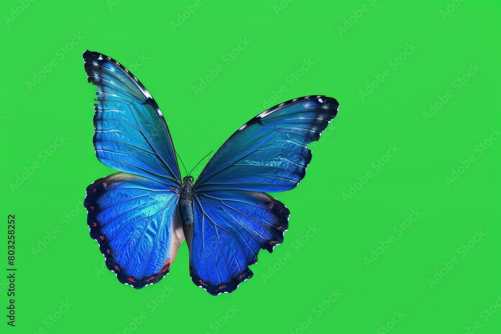 Fototapeta premium Beautiful blue butterfly on vibrant green background. Perfect for nature-themed designs