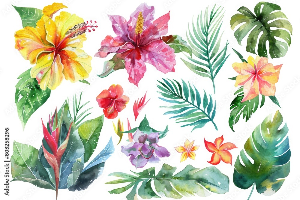 Beautiful watercolor illustration of tropical flowers and leaves, perfect for nature-themed designs