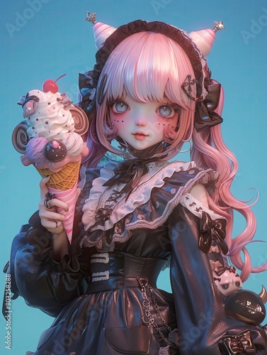 Creepy Kawaii Ice Cream Sundae Sweetheart Girl , Goth creepy , 3D render photo