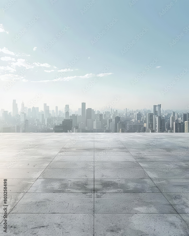Cityscape from a rooftop. A large, empty concrete area in the foreground with a view of a city in the distance.