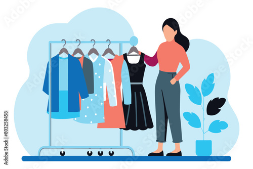 A woman selects apparel from a clothing rack