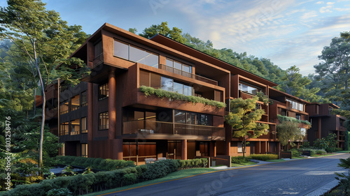 A modern apartment set amidst a forest  its chocolate brown facade blending with the trees to underscore its eco-friendly design.