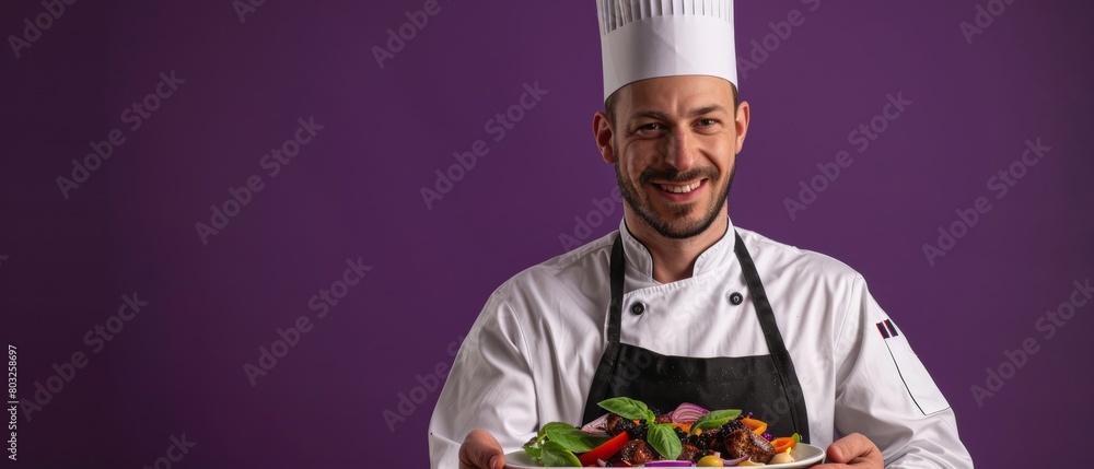 Smiling Chef Presenting Gourmet Dish, Culinary Arts and Fresh Ingredients on Purple Background Smiling Chef Presenting Gourmet Dish, Culinary Arts and Fresh Ingredients on Purple Background