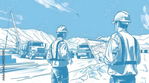 Construction Site Oversight with Officials Examining Gansu Province Map in Blue Line Art Style photo