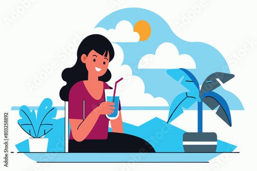 A woman enjoys a beverage by the sea under a clear sky