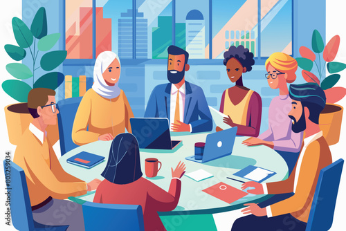 Diverse team collaborating at a roundtable meeting in a bright, modern office