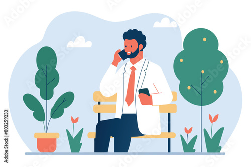A bearded man chats on his mobile, relaxing outdoors
