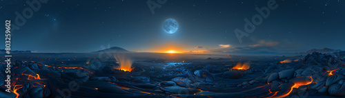Lava field with volcano and moon photo