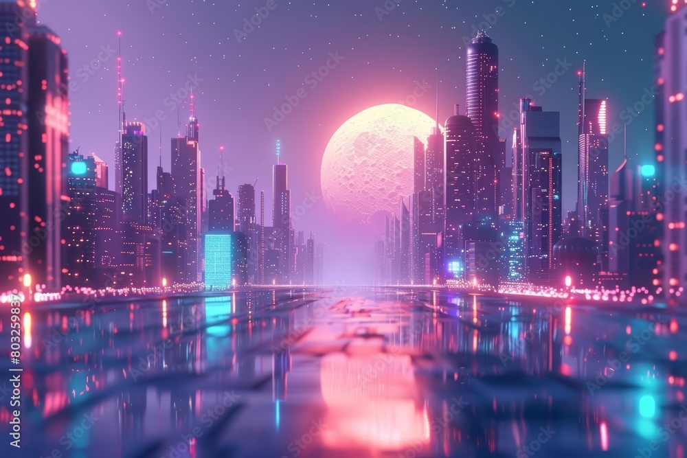 A wide shot of a futuristic city with a large moon in the background. The city is full of tall buildings and bright lights. The ground is wet and reflecting the city lights.