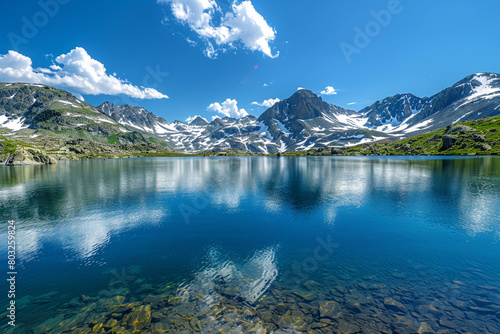 A serene lake nestled among rugged  snow-capped mountain peaks  reflecting the clear blue sky.