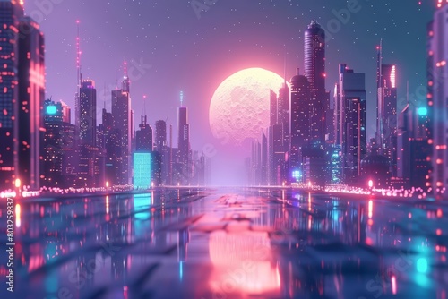 A wide shot of a futuristic city with a large moon in the background. The city is full of tall buildings and bright lights. The ground is wet and reflecting the city lights.