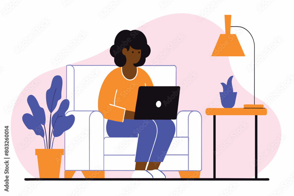 A woman focused on her laptop in a cozy living room A woman focused on her laptop in a cozy living room