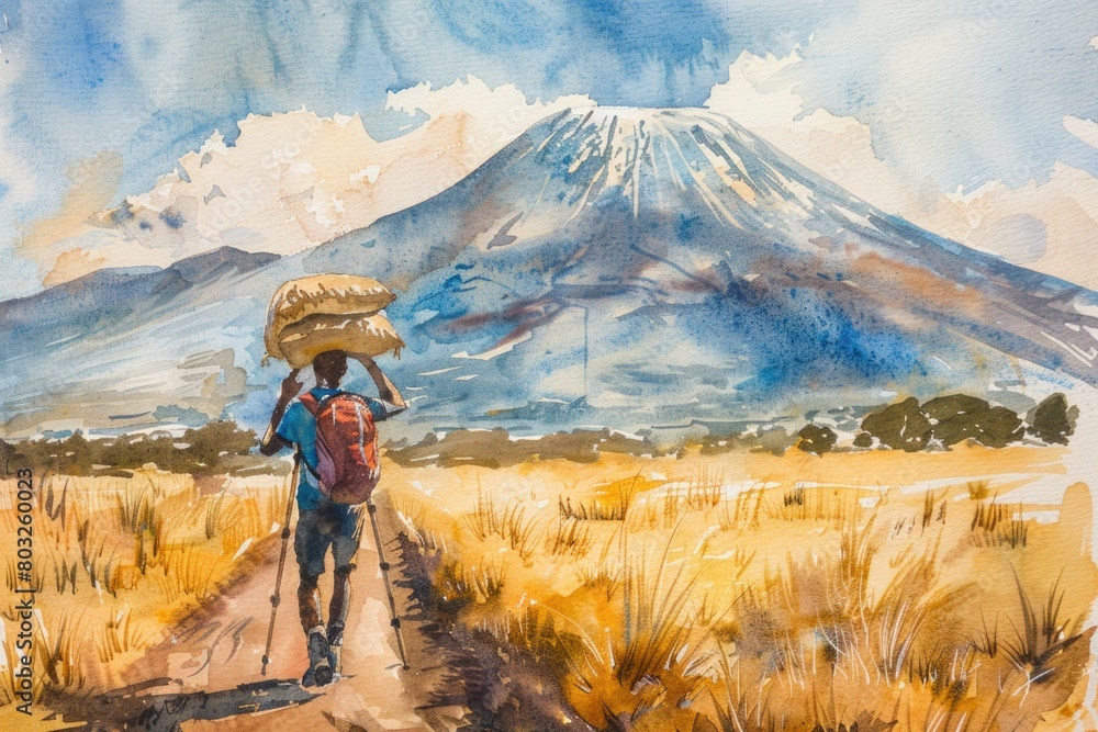 A painting of a man walking down a dirt road. Suitable for various projects
