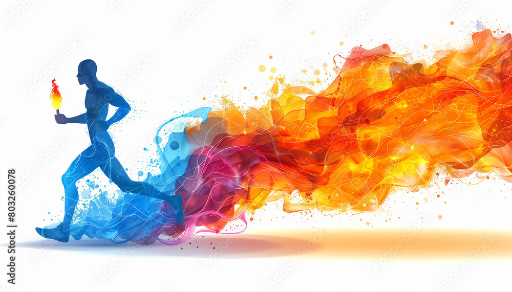 Fototapeta premium Sportsman Proudly Carrying the Iconic Olympic Torch with Burning Flame, Against a Vibrant and Dynamic Background, Artistic Illustration