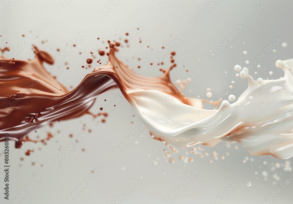 A splash of chocolate and milk is splashed across a white background