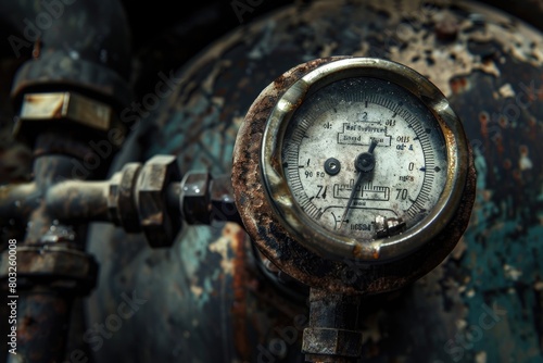 Detailed view of a pressure gauge on a rusty pipe. Ideal for industrial concepts