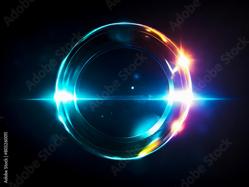 Colorful round lens flare on black background. Overlay light effect 