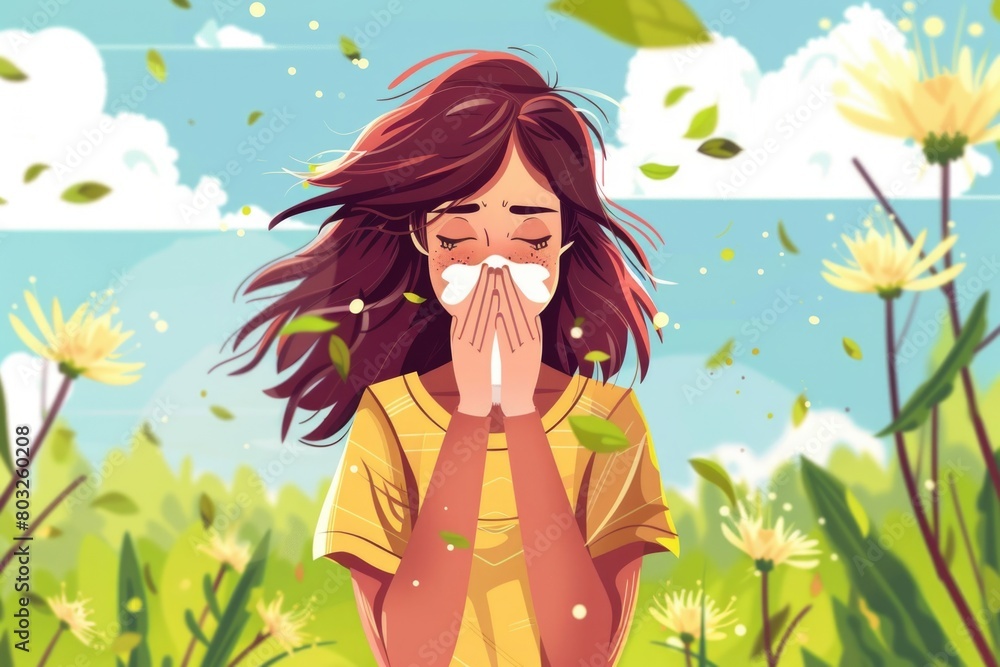 Woman blowing her nose surrounded by colorful flowers, suitable for health and wellness concepts