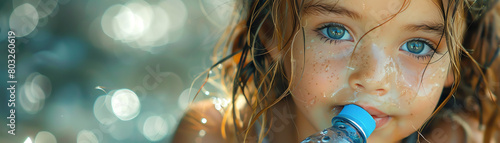 Portrait of a beautiful little girl drinking water from a bottle with freckles on her face and wet hair