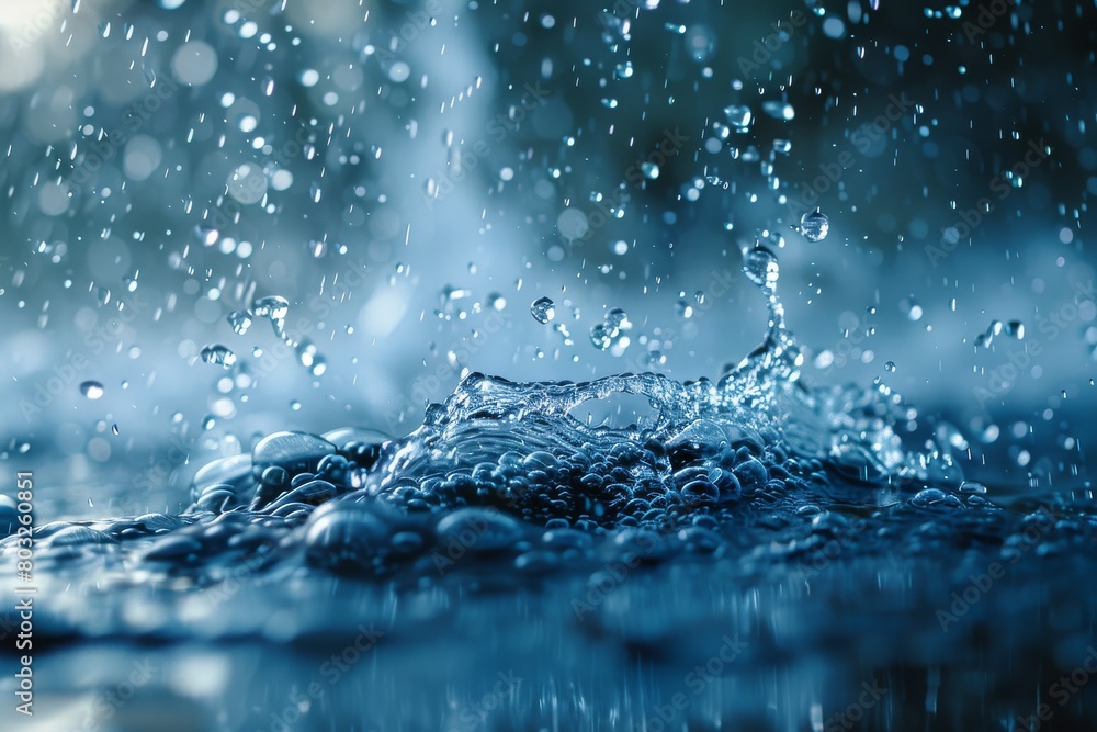 This image captures the dynamic movement of water droplets creating a splash on a surface, highlighted by the cool blue tones and sharp detail This image captures the dynamic movement of water droplets creating a splash on a surface, highlighted by the cool blue tones and sharp detail