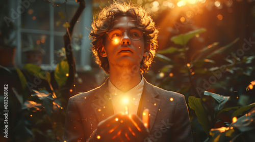 Portrait of a young man holding a glowing orb in his hands. photo