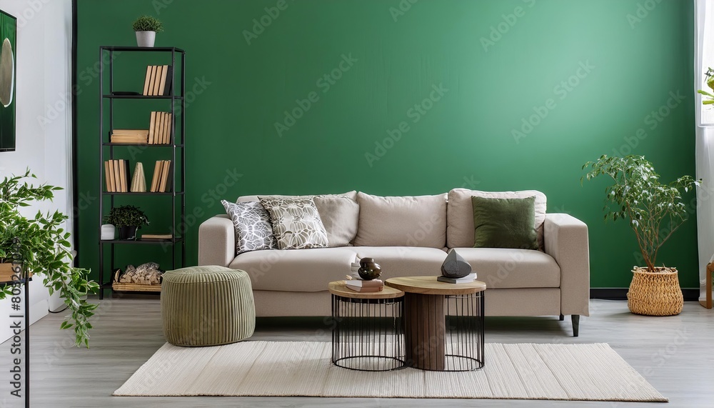 Modern living room interior, minimalistic, beautiful green walls, cozy furniture Modern living room interior, minimalistic, beautiful green walls, cozy furniture