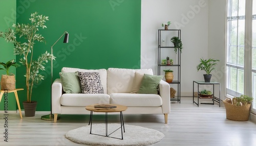 Modern living room interior  minimalistic  beautiful green walls  cozy furniture