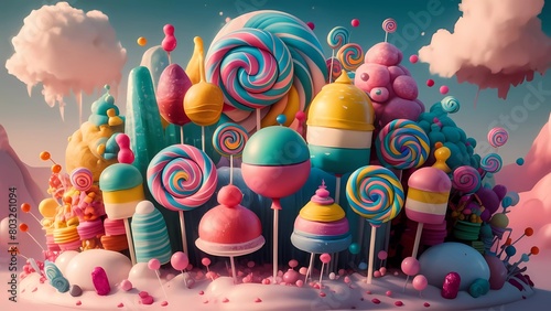 Golosinas vibrantes: una ilustración 3D de una escena con lollipops y ice pops flotando en un diseño caprichoso y soñador. photo