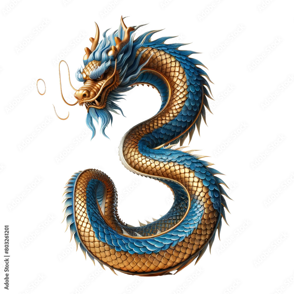 Fototapeta premium A blue and gold dragon with a long tail and a mouth that is open. The dragon is curled up and has the number 3 on it, isolated on a transparent background.