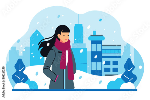 A strolling woman in winter clothes in an urban park