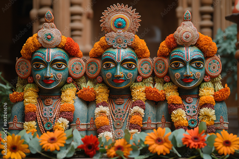Fototapeta premium Divine Idols: An enchanting portrayal of the beautifully adorned idols of Lord Jagannath, Balabhadra, and Subhadra seated majestically on their chariots, exuding an aura of divine
