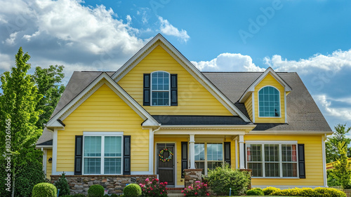 A sunny lemon yellow house with traditional windows and shutters brightens up the suburban landscape, adding a touch of cheer to the neighborhood on a beautiful day. photo