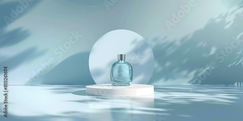 Cosmetic glass bottle, luxury product on stage with white pedestal in light blue background. Product presentation