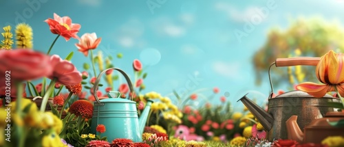 A beautiful garden with a variety of flowers and two watering cans. photo