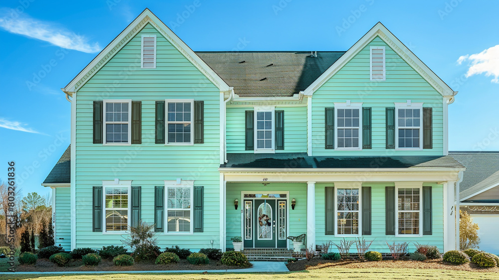 A tranquil mint green home with siding and shutters offers a serene retreat within the suburban landscape, its calming hue complementing the clear blue sky overhead.